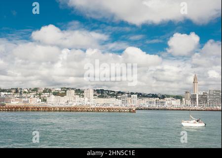 The port city of Le Havre seen from the estuary of the Seine river, Normandy, France Stock Photo