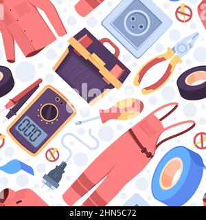 Electricity items pattern. Professional repairing tools for electrician engineers voltage meters power screwdrivers garish vector seamless background Stock Vector