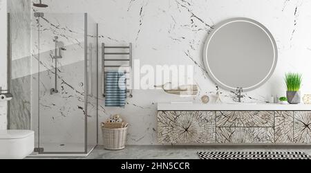 Modern bathroom interior in loft style chest of drawers Stock Photo