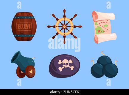 Pirate set. Old weapons treasure bottles bomb vintage elements and pirate symbols garish vector illustrations in flat style Stock Vector