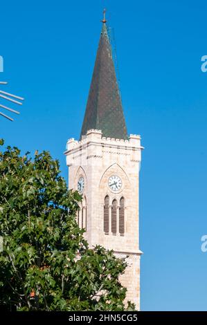 Steeple of St Anthony's Catholic Parish Church, On Yefet street, Jaffa, Israel Stock Photo