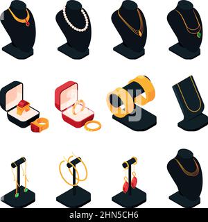 Luxury jewelry. Isometric beauty transparent colored gems treasures pearls golden and platinum rings bracelets garish vector pictures collection set Stock Vector