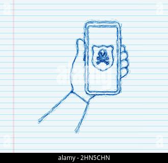 Attack. Smartphone with speech bubble and skull and crossbones on screen. Threats, mobile malware, spam messages sketch . Vector stock illustration. Stock Vector
