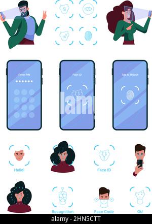 Face id recognition. Unlock smartphone smart systems scan personal face biometrical identification garish vector pictures templates Stock Vector