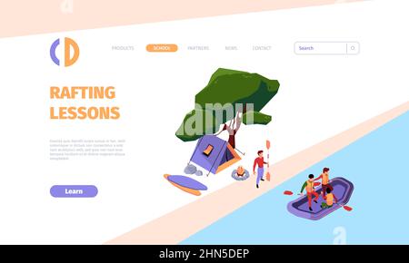River rafting landing. Outdoor extreme water sport adventure travelling on ship kayak garish vector web page template Stock Vector