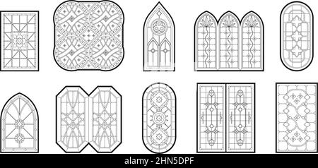 Gothic windows. Vertical geometrical big window frames with catholic mosaic decoration garish vector illustrations set Stock Vector