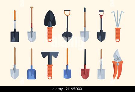 Garden tools. Rakes shovels garden watering cans agricultural objects garish vector pictures set Stock Vector