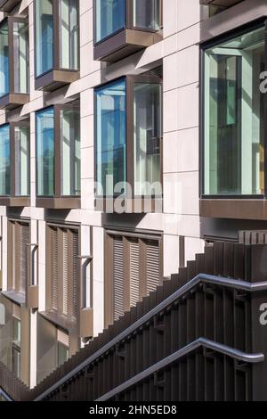Detail of south elevation with bridge hand rail. 8-13 Casson Square, London, United Kingdom. Architect: Patel Taylor Architects, 2022. Stock Photo