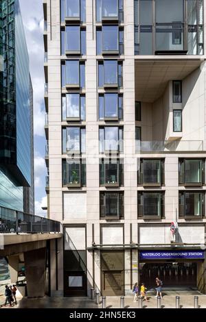 Victoria Street elevation with underground station entrance, bridge and recessed winter garden. 8-13 Casson Square, London, United Kingdom. Architect: Stock Photo