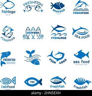 Seafood logo. Fishes colored icons templates animals underwater recent vector business identity elements Stock Vector