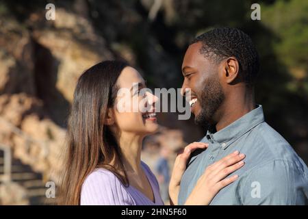 Profile of a happy interracial couple flirting falling in love looking each other Stock Photo