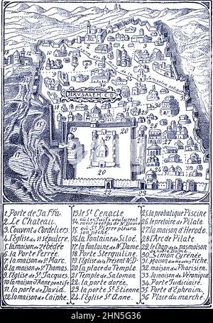 Plan of Jerusalem from The Exploration of the World, Celebrated Travels and Travellers, Celebrated Voyages by Jules Verne nonfiction. Published in three volumes from 1878 to 1880, Celebrated Travels and Travelers is a history of the explorers and adventurers who voyaged to the far reaches of the globe, discovered the wonders of exotic lands, and filled in the blank spaces on the world map. With illustrations by L. Benett and P. Philippoteaux, Stock Photo