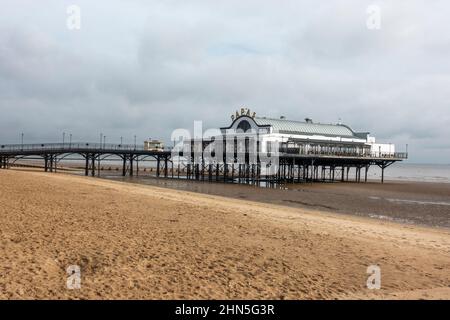 View towards the pier in Cleethorpes, Humber Estuary, North East Lincolnshire, UK. Stock Photo