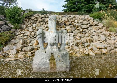 Pelican sculpture with a waterfall on the seafront at Cleethorpes, Humber Estuary, North East Lincolnshire, UK. Stock Photo