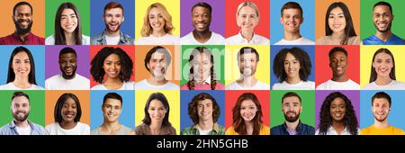 Diverse cultures. Collage of various smiling multiethnic people expressing positive emotions on colorful backgrounds Stock Photo