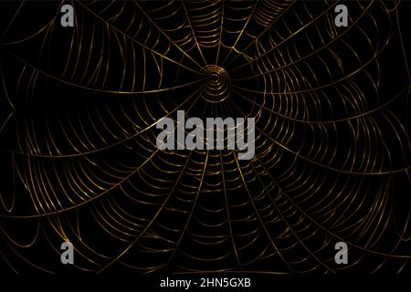 Spider gold web on black background. Scary cobweb glitter decor. Vector design elements for Halloween, horror, ghost or monster party, invitation and posters. Stock Vector