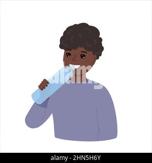 Little dark skinned boy drinking mineral water. Health concept and lifestyle of young person. Flat vector illustration Stock Vector