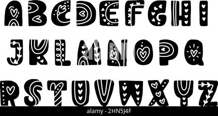Hand drawn vintage valentine display font alphabet with heart. Cute love letters with flourishes heart scandinavian font. For nordic postcard or