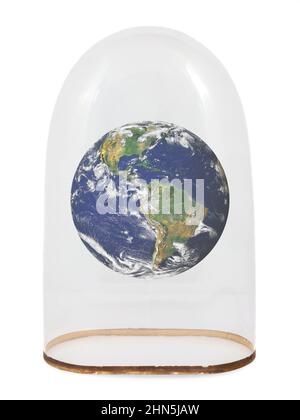 Vintage glass bell jar protecting the planet earth isolated on a white background. Contains imagery furnished by NASA Stock Photo