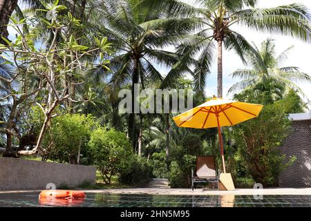 Tropical vacation, swimming pool with sun umbrella and lounger surrounded by coconut palm trees. Holidays in paradise garden, beach resort Stock Photo