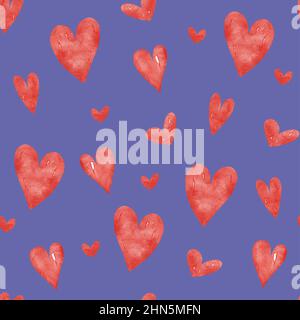 Seamless pattern with red watercolor hearts Stock Photo