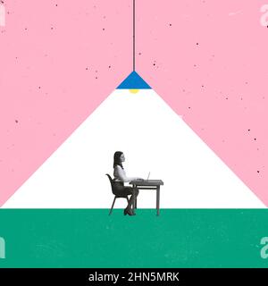 Creative design. Young woman working, studying remotely at home Stock Photo