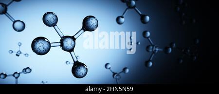 Many 3D molecules float together in clear bright blue space background Stock Photo