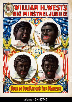 William H. West's Big Minstrel Jubilee. Consists of portraits of Carroll Johnson, Tom Lewis, Geo. B. Mack, and Ed. Howard, all in blackface. Stock Photo
