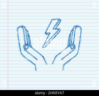 Lightning sketch bolt in hands. Thunder bolt, lighting strike expertise. Vector illustration Stock Vector