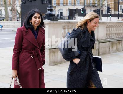 London, UK. 14th Feb, 2022. Suella Braverman, Attorney General (left) Foreign Secretary, Liz Truss chairs an emergency COBRA meeting at the Cabinet Office to discuss the mounting crisis in Ukraine. Boris Johnson is cutting short a planned visit to Cumbria to return to London. Credit: Mark Thomas/Alamy Live News Stock Photo