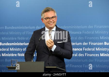 Berlin, Germany. 14th Feb, 2022. Magnus Brunner, Austrian Finance Minister, answers questions from journalists at the Federal Ministry of Finance after being received by his German counterpart. Credit: Wolfgang Kumm/dpa/Alamy Live News Stock Photo