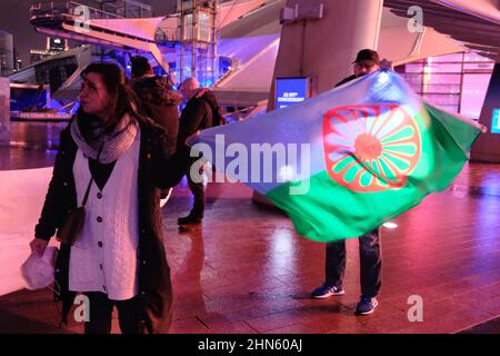 London, UK, 13th Feb, 2022. Members of the Roma community joined by anti-racism campaigners gathered ahead of Jimmy Carr's gig at the 02 Indigo venue. The comedian sparked outrage after a Netflix stand-up special was released on the streaming service containing a clip where he makes a joke about thousands of gypsies being murdered as being a 'positive' side of the Holocaust. Credit: Eleventh Hour Photography/Alamy Live News Stock Photo