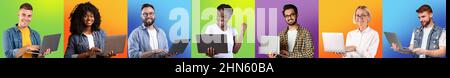 Multiethnic Young People With Laptop Computers Posing Over Colorful Studio Backgrounds Stock Photo