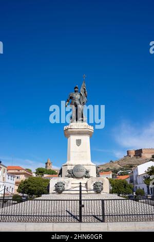 Statue of the conquer Hernan Cortes in the main square in Medellin town, Badajoz province, Spain. Stock Photo