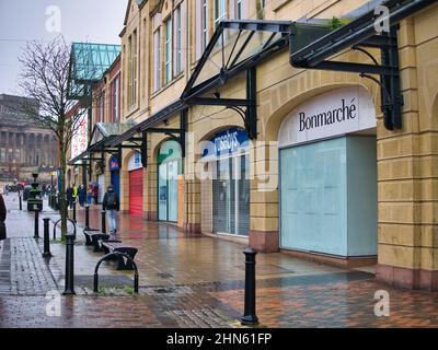 Closed shops on Friargate in the City of Preston, Lancashire in the north of the UK. Stock Photo