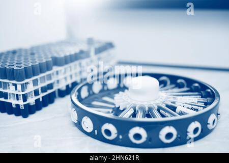 tubes with blood samples in a centrifuge close-up in the chemical Stock Photo