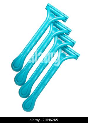 Bright blue razors for ladies shaving isolated on the white background Stock Photo