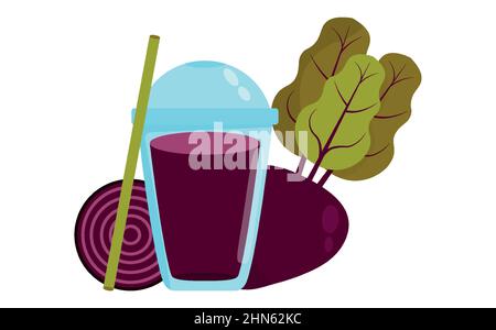 Juice of beet on white background.glass of drink.Vegetable whole and half. Stock Vector