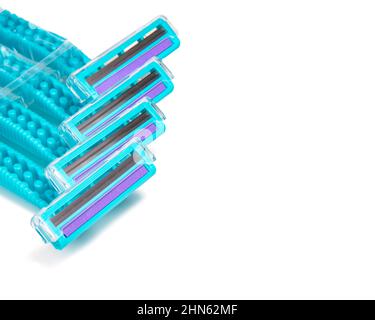 Bright blue razors for ladies shaving isolated on the white background Stock Photo