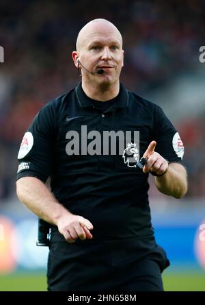 London, England - FEBRUARY 12:Referee Simon Hooper  during  Premier League between Brentford and Crystal Palace at Brentford Community Stadium , Londo Stock Photo