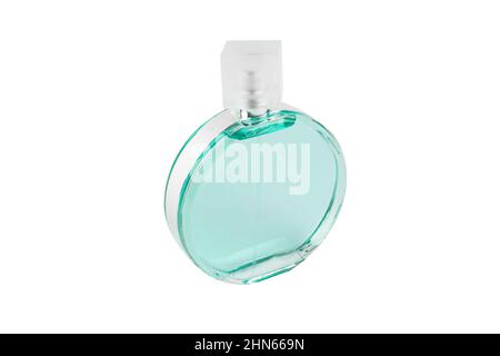 Bottle of perfume isolated on white background. Blank glass spray bottle with perfume isolated. Stock Photo