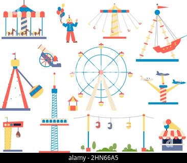 Park attractions. Carnival theme attraction, ride swing. Amusement icons, roller coaster and ferris wheel. Festival carousel, entertainment recent Stock Vector