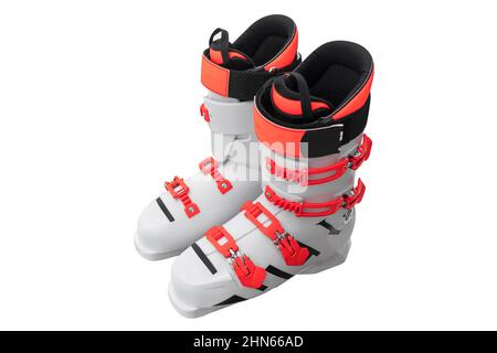 Pair ski boots isolated on white background. Modern sport outdoor equipment isolated. Stock Photo