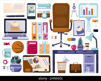 Colored flat vector office accessories. Big set with cartoon business icons. Modern templates cliparts for adds, business cards, banners, apps Stock Vector