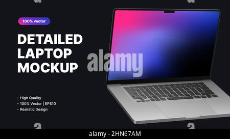 Detailed Laptop Mockup. Realistic Device with Editable Screen on Dark Background. Vector illustration Stock Vector