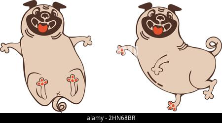 Set of illustration with Funny animal character posing pug drawing in flat style Stock Vector