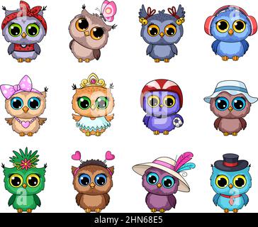 Cartoon owl. Cute owls in cap and scarf, funny baby wild forest animals. Comic art woodland characters, kids birds stickers, garish vector set Stock Vector