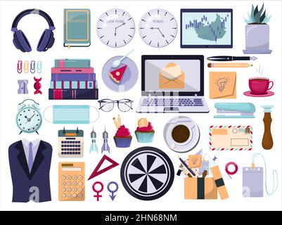 Colored flat vector office accessories. Big set with cartoon business icons. Modern templates cliparts for adds, business cards, banners, apps Stock Vector