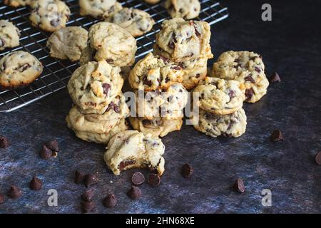 Soft-Batch Cream Cheese Chocolate Chip Cookies: Overhead view of chewy chocolate chip cookies Stock Photo
