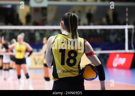 ISTANBUL, TURKEY - SEPTEMBER 05, 2021: Zehra Gunes serve during Vakifbank vs Eczacibasi Champions Cup match in Burhan Felek Sport Hall Stock Photo